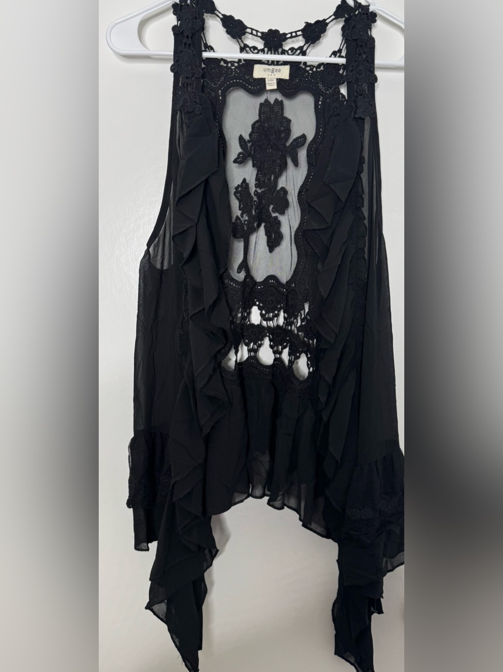 Umgee Black Crochet lace Ruffle Sheer boho cardigan size small/medium flowy